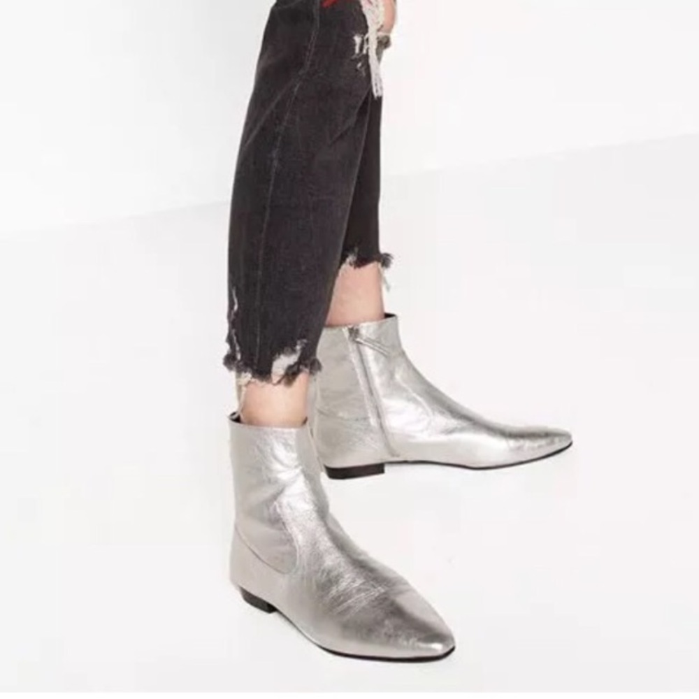 Zara Silver Booties Flat Heel BNIB